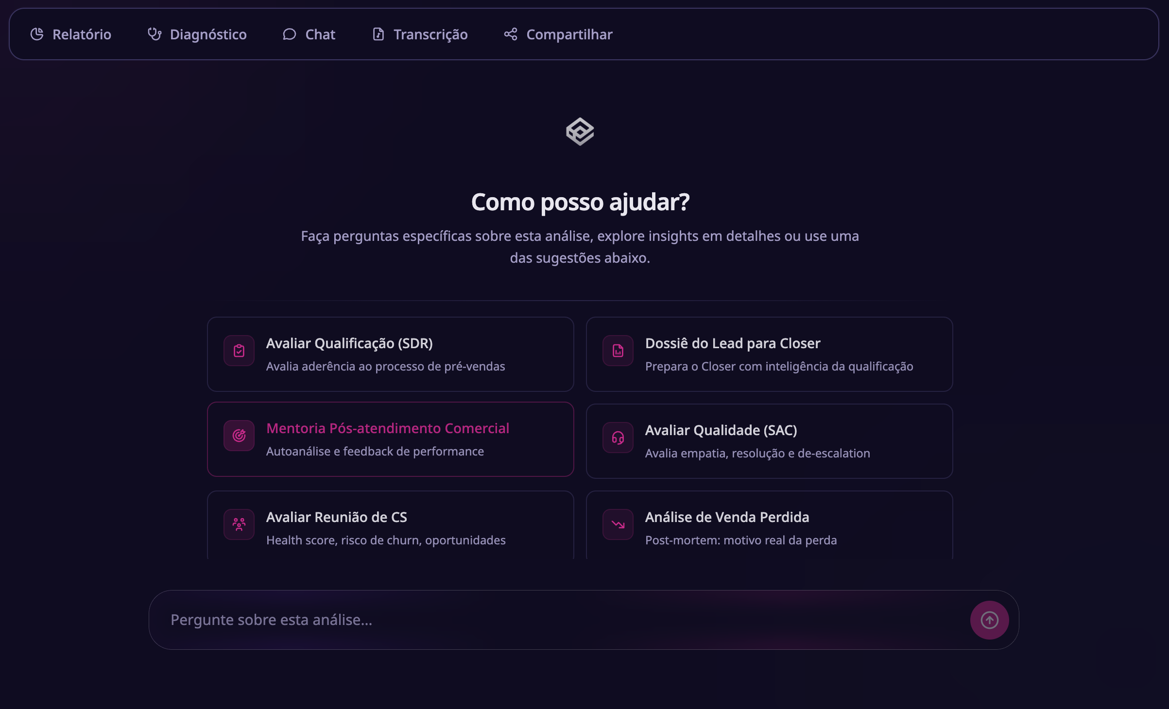 Aba Chat com prompts especializados para SDR, Closer, SAC e CS.