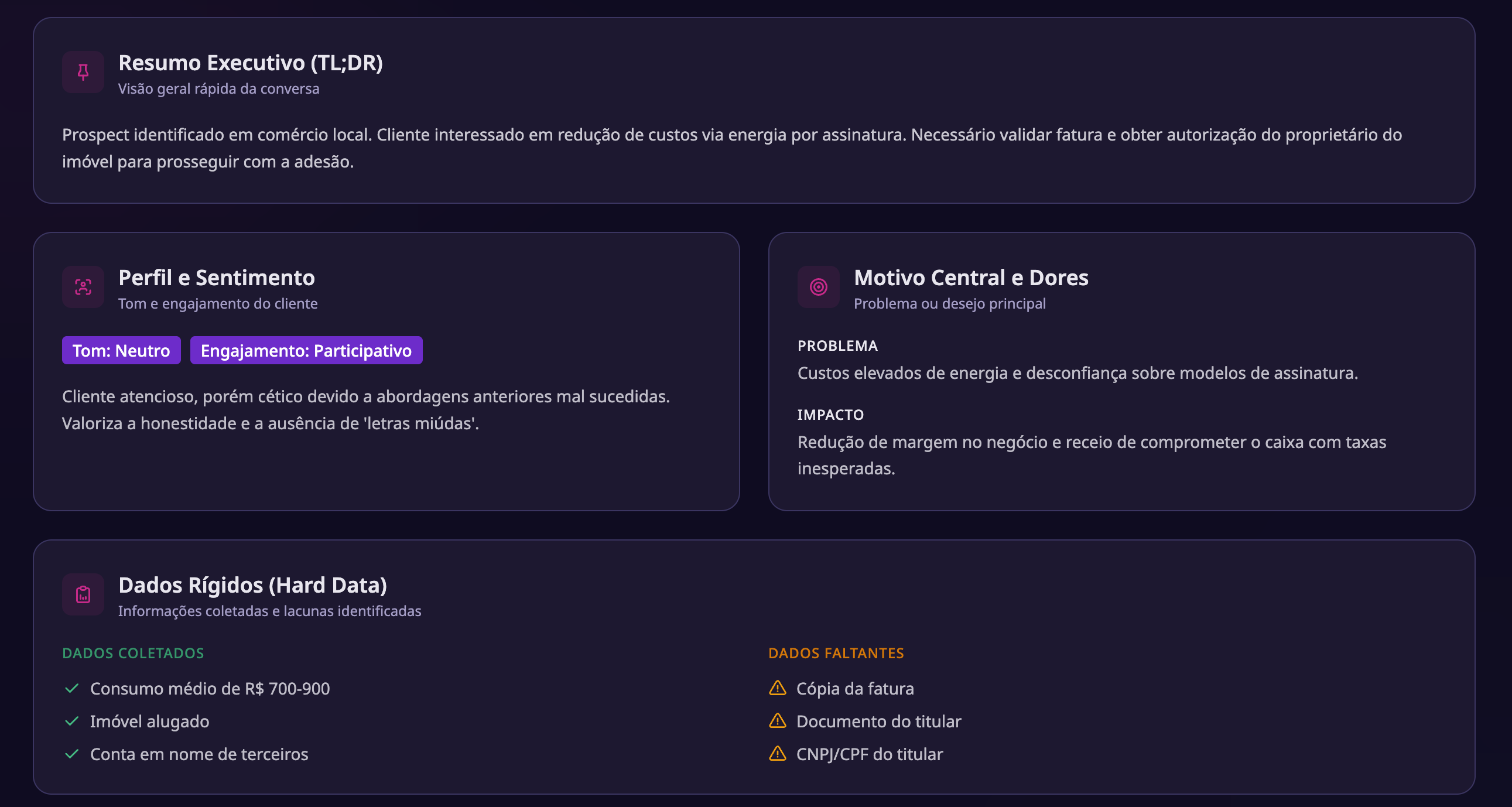 Aba Diagnóstico com resumo executivo e próximos passos numerados.